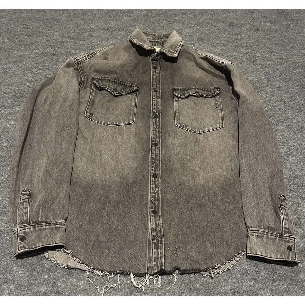Allsaints Men's XS/S Black Denim Snap Button Shacket Trucker Distressed Frayed